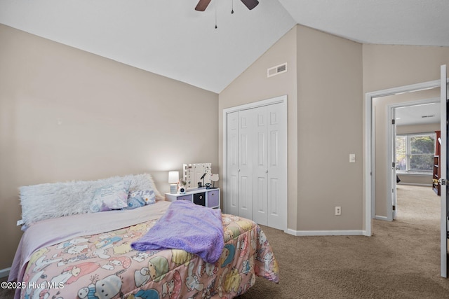 bedroom featuring visible vents, carpet, and a closet