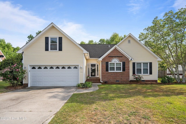 view of front facade featuring a front lawn, brick siding, a garage, crawl space, and driveway