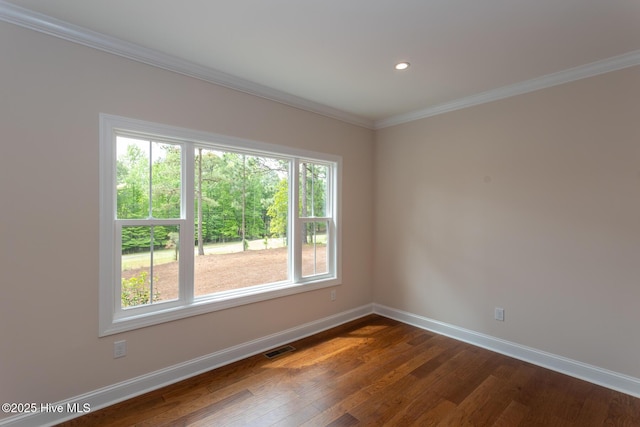 117 Banbridge Dr, West End, NC 27376 - empty room featuring ornamental molding, visible vents, recessed lighting, dark wood-style flooring, and baseboards