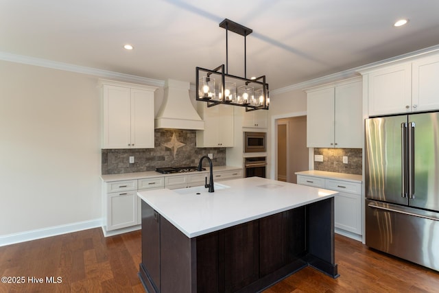 117 Banbridge Dr, West End, NC 27376 - kitchen featuring a sink, stainless steel appliances, light countertops, premium range hood, and tasteful backsplash