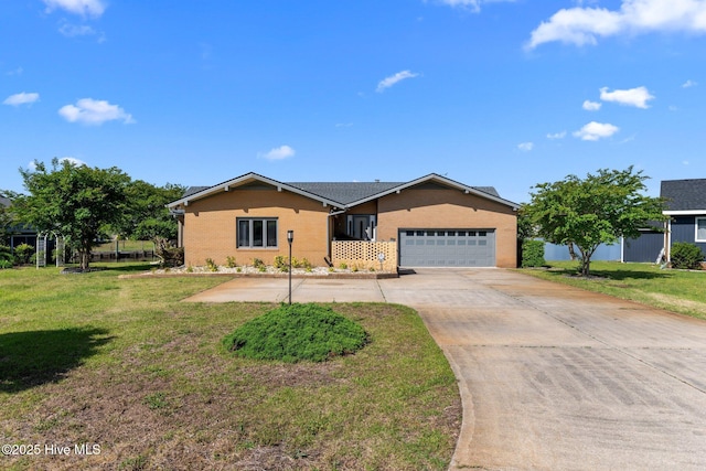 ranch-style home with brick siding, driveway, a front lawn, and a garage