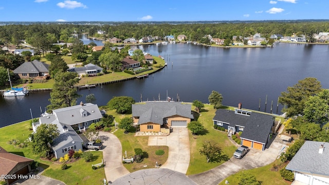 birds eye view of property with a water view and a residential view