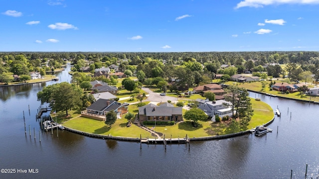 birds eye view of property featuring a water view and a residential view