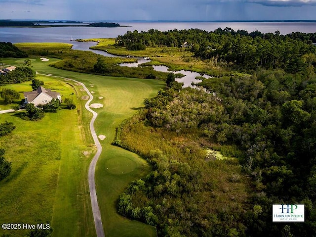 bird's eye view featuring a water view and golf course view