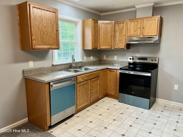 kitchen featuring a sink, electric range, dishwashing machine, crown molding, and under cabinet range hood