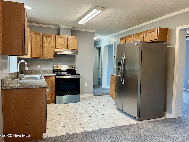 kitchen featuring crown molding, a sink, stainless steel appliances, baseboards, and under cabinet range hood