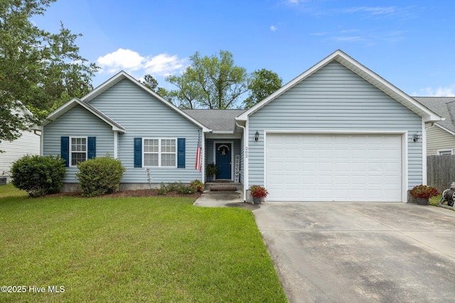 202 Two Oaks Ct, Newport, NC 28570 - ranch-style home featuring concrete driveway, a front lawn, and a garage