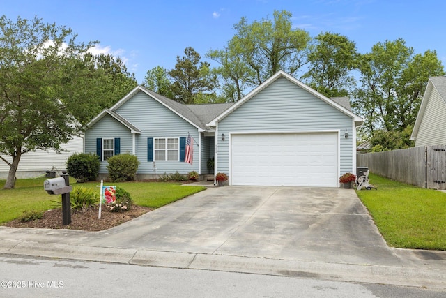 202 Two Oaks Ct, Newport, NC 28570 - ranch-style home with a garage, a front yard, concrete driveway, and fence