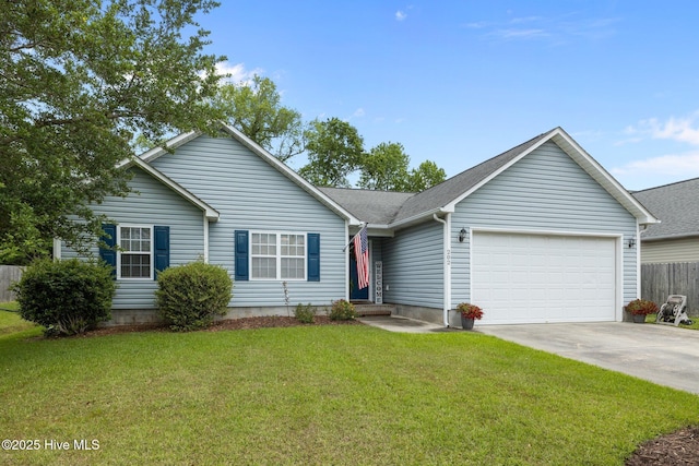 202 Two Oaks Ct, Newport, NC 28570 - ranch-style home with a garage, driveway, a front lawn, and fence