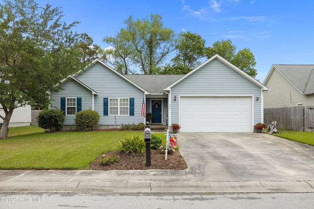 202 Two Oaks Ct, Newport, NC 28570 - ranch-style house with driveway, fence, a front lawn, and a garage
