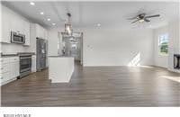 kitchen with wood finished floors, ceiling fan, stainless steel appliances, a fireplace, and recessed lighting