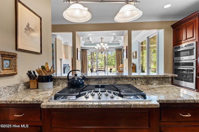 kitchen with stainless steel appliances, a chandelier, plenty of natural light, ornamental molding, and a tray ceiling