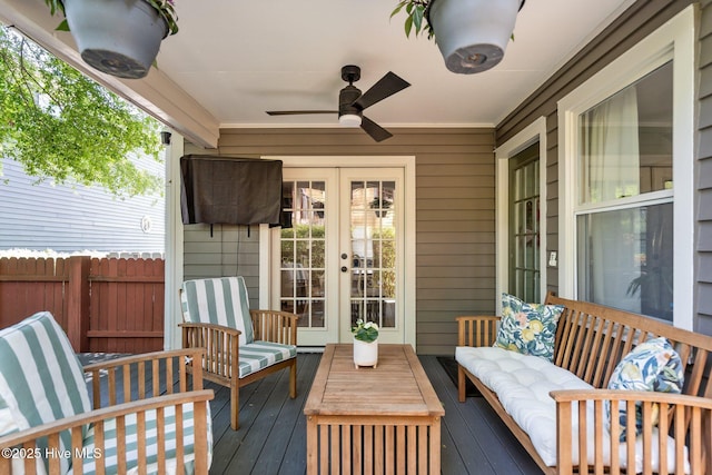 exterior space with ceiling fan, outdoor lounge area, and french doors