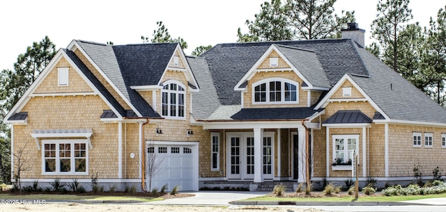 view of front of house featuring a chimney, roof with shingles, concrete driveway, and a garage