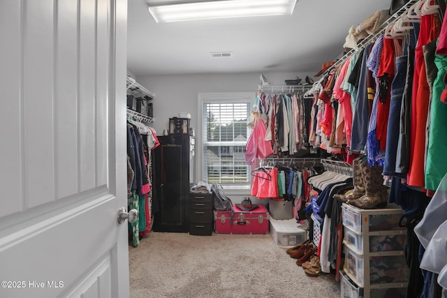 walk in closet featuring visible vents and carpet