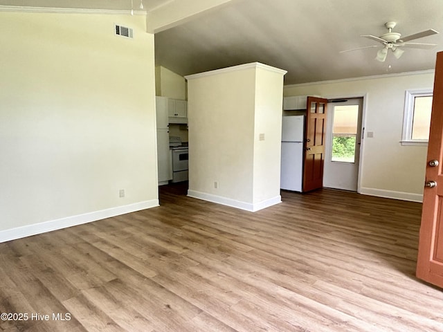 115 Cherry St, Woodland, NC 27897 - unfurnished living room featuring visible vents, ceiling fan, baseboards, ornamental molding, and wood finished floors