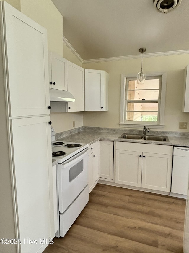 115 Cherry St, Woodland, NC 27897 - kitchen with white cabinetry, a sink, under cabinet range hood, ornamental molding, and white appliances