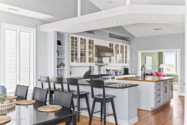 kitchen with white cabinets, a sink, light wood-style flooring, under cabinet range hood, and a center island with sink