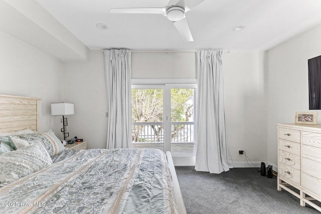 carpeted bedroom with access to outside and a ceiling fan