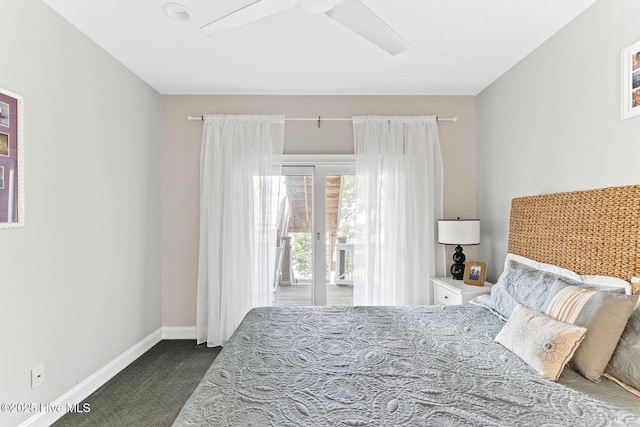 carpeted bedroom with access to outside, a ceiling fan, and baseboards