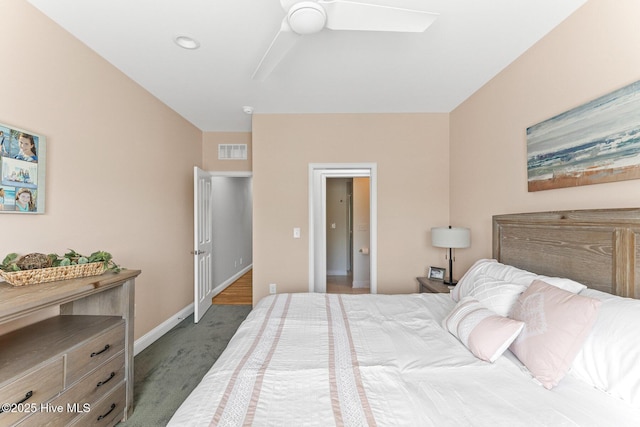 bedroom with carpet floors, baseboards, ceiling fan, and visible vents