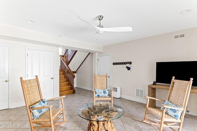 living area with visible vents, stairs, light tile patterned flooring, recessed lighting, and a ceiling fan