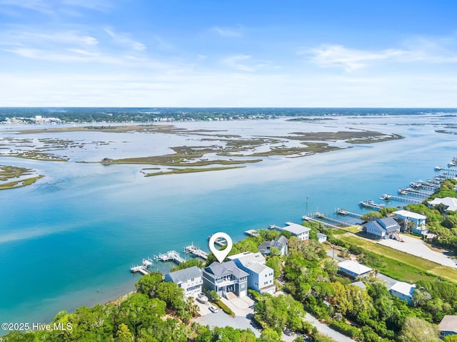 drone / aerial view with a water view