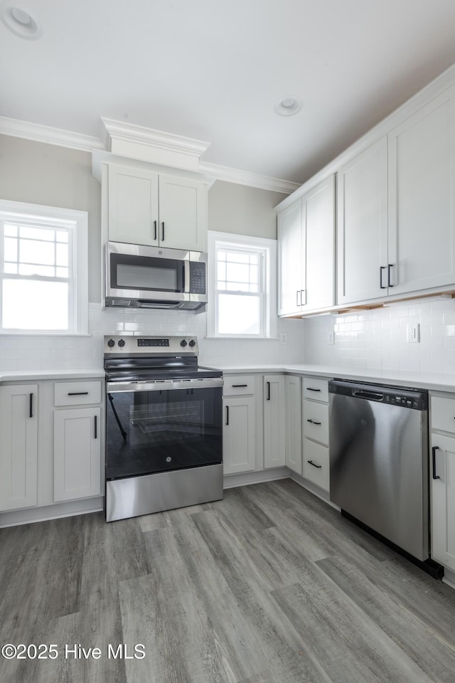 kitchen featuring tasteful backsplash, ornamental molding, light wood-style flooring, and stainless steel appliances