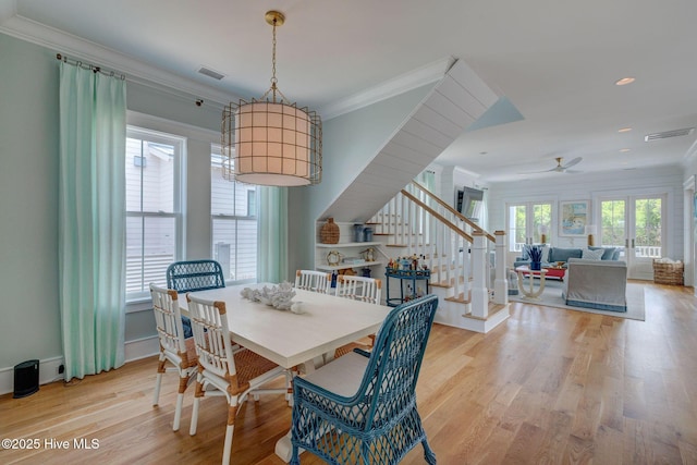 801 Federal Rd, Bald Head Island, NC 28461 - dining space featuring stairway, ornamental molding, wood finished floors, a ceiling fan, and recessed lighting