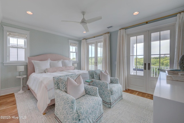 801 Federal Rd, Bald Head Island, NC 28461 - bedroom featuring french doors, crown molding, access to outside, light wood finished floors, and recessed lighting