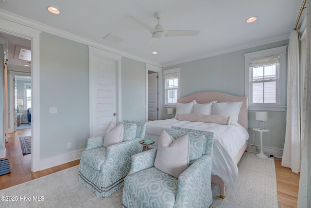 801 Federal Rd, Bald Head Island, NC 28461 - bedroom featuring crown molding, light wood-type flooring, recessed lighting, baseboards, and ceiling fan