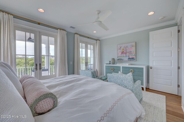 801 Federal Rd, Bald Head Island, NC 28461 - bedroom with french doors, access to outside, ornamental molding, wood finished floors, and recessed lighting