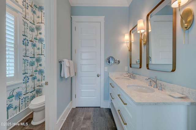 801 Federal Rd, Bald Head Island, NC 28461 - full bath featuring wood finished floors, double vanity, toilet, healthy amount of natural light, and ornamental molding