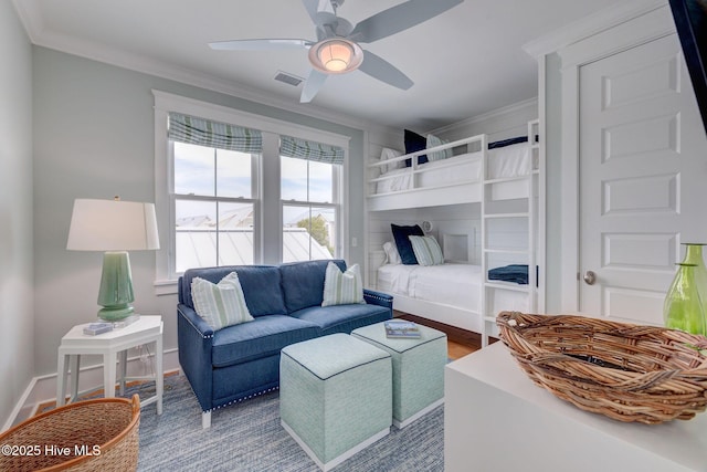 801 Federal Rd, Bald Head Island, NC 28461 - living room featuring ornamental molding, a ceiling fan, wood finished floors, and baseboards