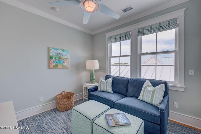 801 Federal Rd, Bald Head Island, NC 28461 - living room with baseboards, crown molding, and a ceiling fan