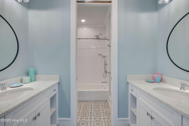 801 Federal Rd, Bald Head Island, NC 28461 - bathroom with two vanities, shower / bath combination, baseboards, tile patterned flooring, and recessed lighting