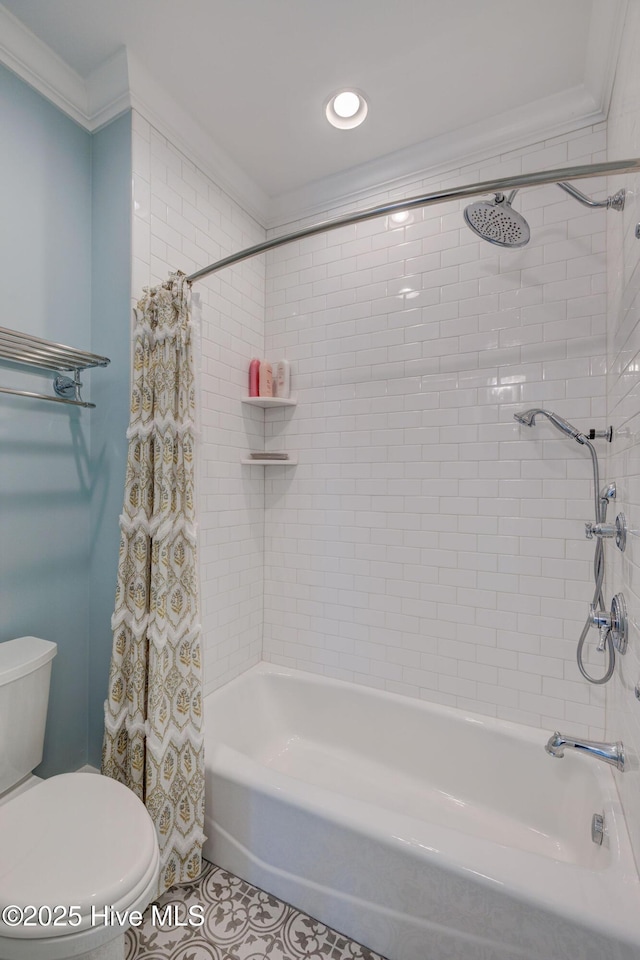 801 Federal Rd, Bald Head Island, NC 28461 - bathroom featuring shower / tub combo, toilet, ornamental molding, and tile patterned flooring
