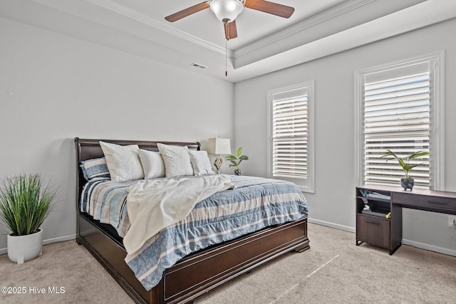 506 Esthwaite Dr SE, Leland, NC 28451 - bedroom with light colored carpet, crown molding, baseboards, and a ceiling fan