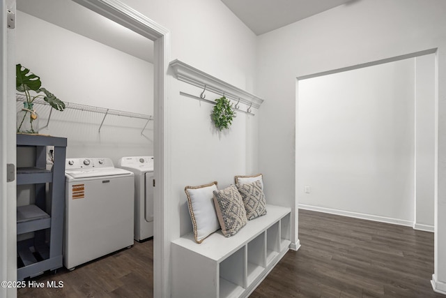 506 Esthwaite Dr SE, Leland, NC 28451 - laundry area featuring separate washer and dryer, dark wood-style floors, and baseboards