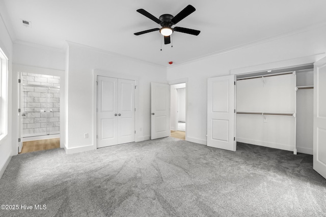 1064 Tulls Creek Rd, Moyock, NC 27958 - unfurnished bedroom with ornamental molding, carpet floors, two closets, ceiling fan, and baseboards