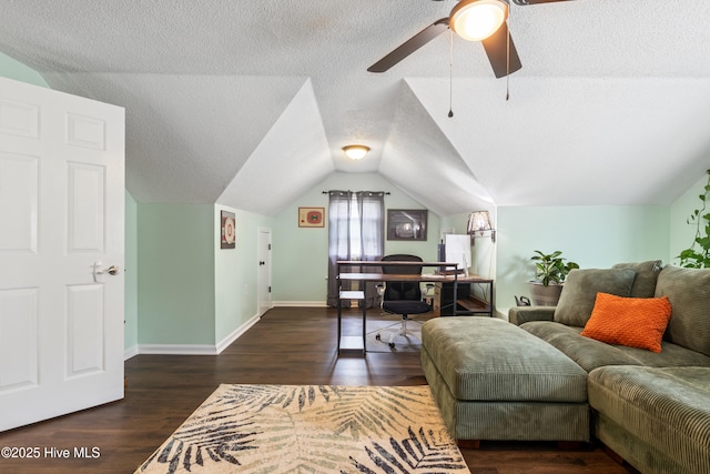 1714 Darian Dr, Elizabeth City, NC 27909 - office featuring lofted ceiling, wood finished floors, a ceiling fan, baseboards, and a textured ceiling