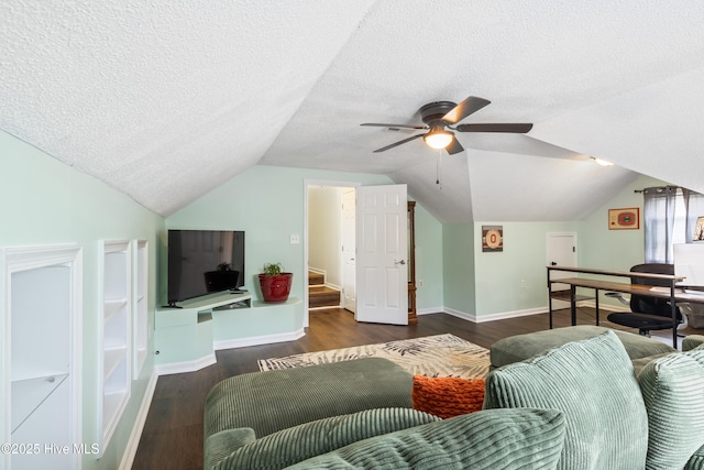 1714 Darian Dr, Elizabeth City, NC 27909 - living room featuring lofted ceiling, baseboards, ceiling fan, and dark wood finished floors