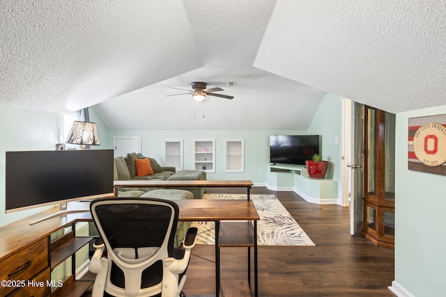 1714 Darian Dr, Elizabeth City, NC 27909 - home office featuring lofted ceiling, a textured ceiling, wood finished floors, and ceiling fan