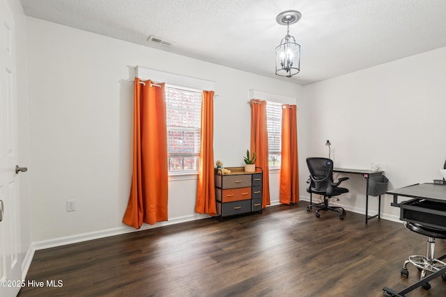 1714 Darian Dr, Elizabeth City, NC 27909 - office featuring baseboards, visible vents, a textured ceiling, and dark wood finished floors