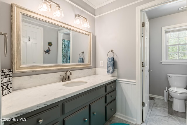 1714 Darian Dr, Elizabeth City, NC 27909 - bathroom with crown molding, vanity, marble finish floor, toilet, and visible vents