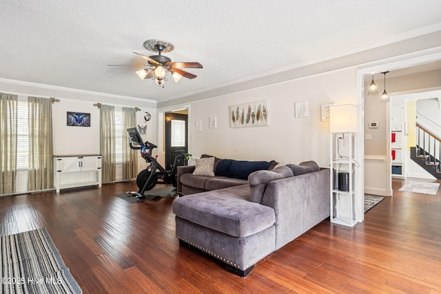 1714 Darian Dr, Elizabeth City, NC 27909 - living room with ornamental molding, a ceiling fan, wood finished floors, and stairs