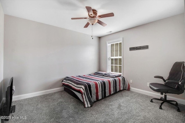  - bedroom with carpet floors, a ceiling fan, visible vents, and baseboards