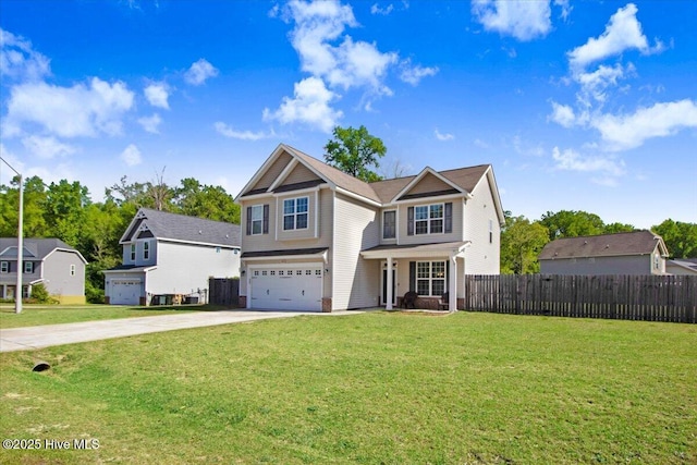  - view of front of home featuring a front lawn, driveway, an attached garage, fence, and brick siding