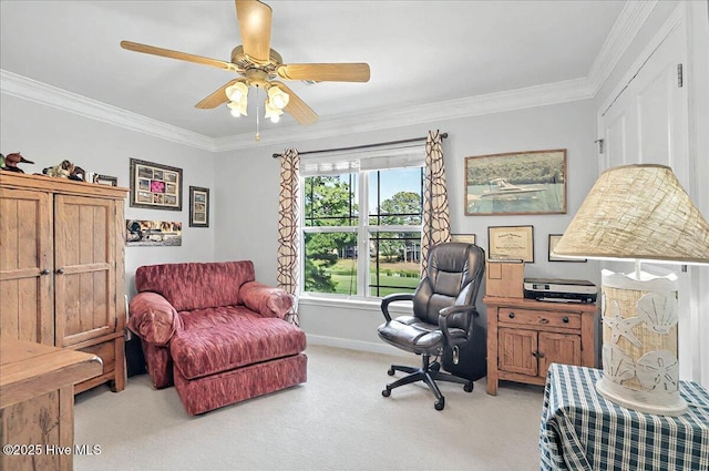 260 S Crow Creek Dr NW Lot 18, Calabash, NC 28467 - home office featuring a ceiling fan, baseboards, light carpet, and ornamental molding