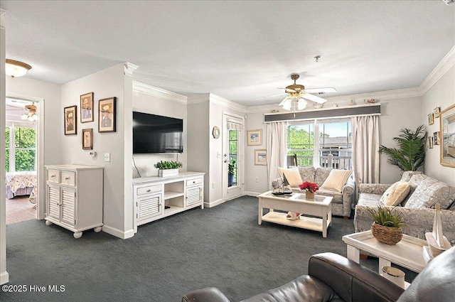 260 S Crow Creek Dr NW Lot 18, Calabash, NC 28467 - living area with crown molding, ceiling fan, baseboards, and dark colored carpet